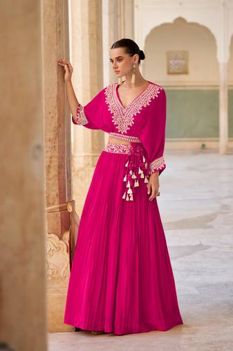 Pink Chiffon Embroidered Lehenga Set