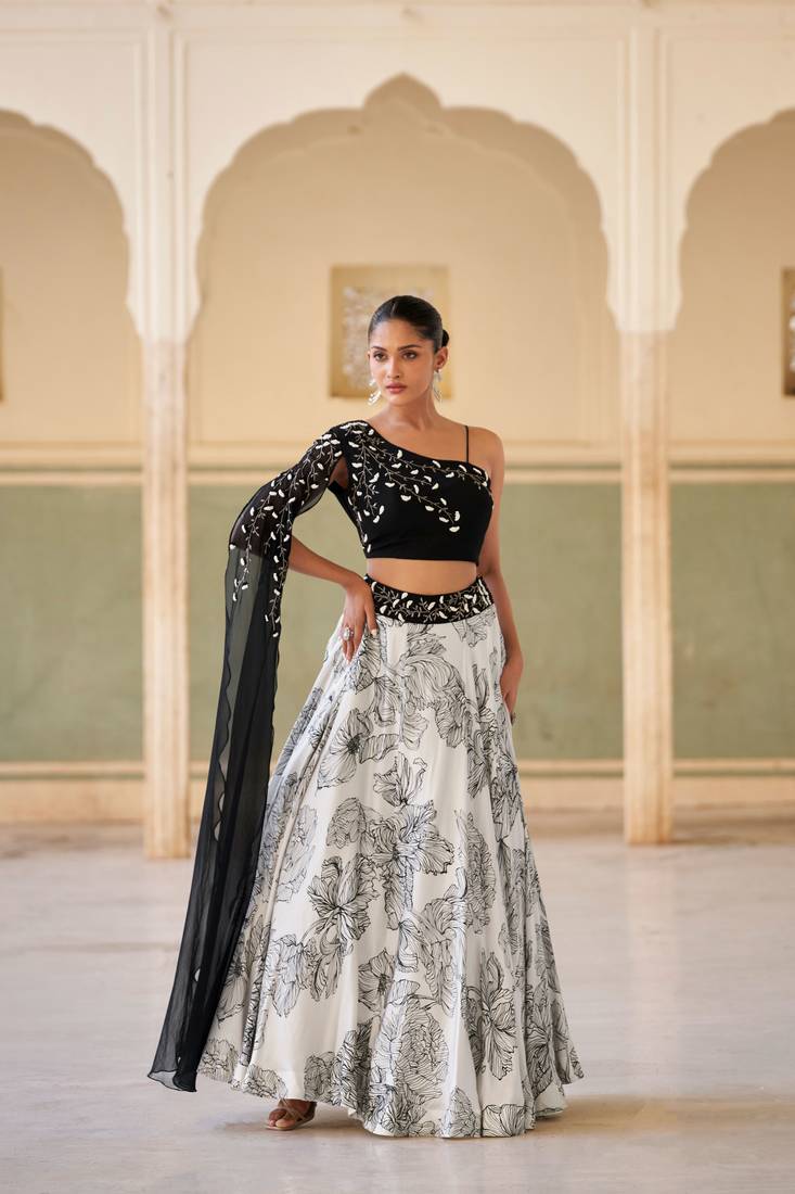 Cream Chiffon Embroidered Lehenga Set