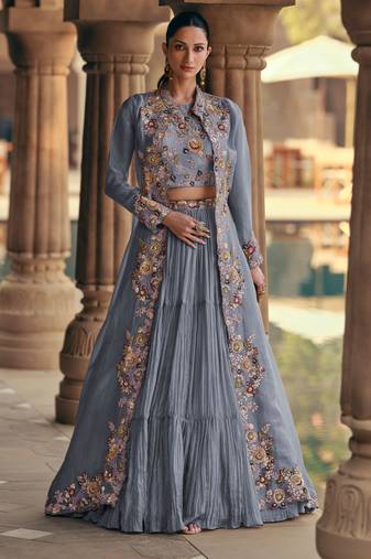Blue Georgette Embroidered Lehenga Set