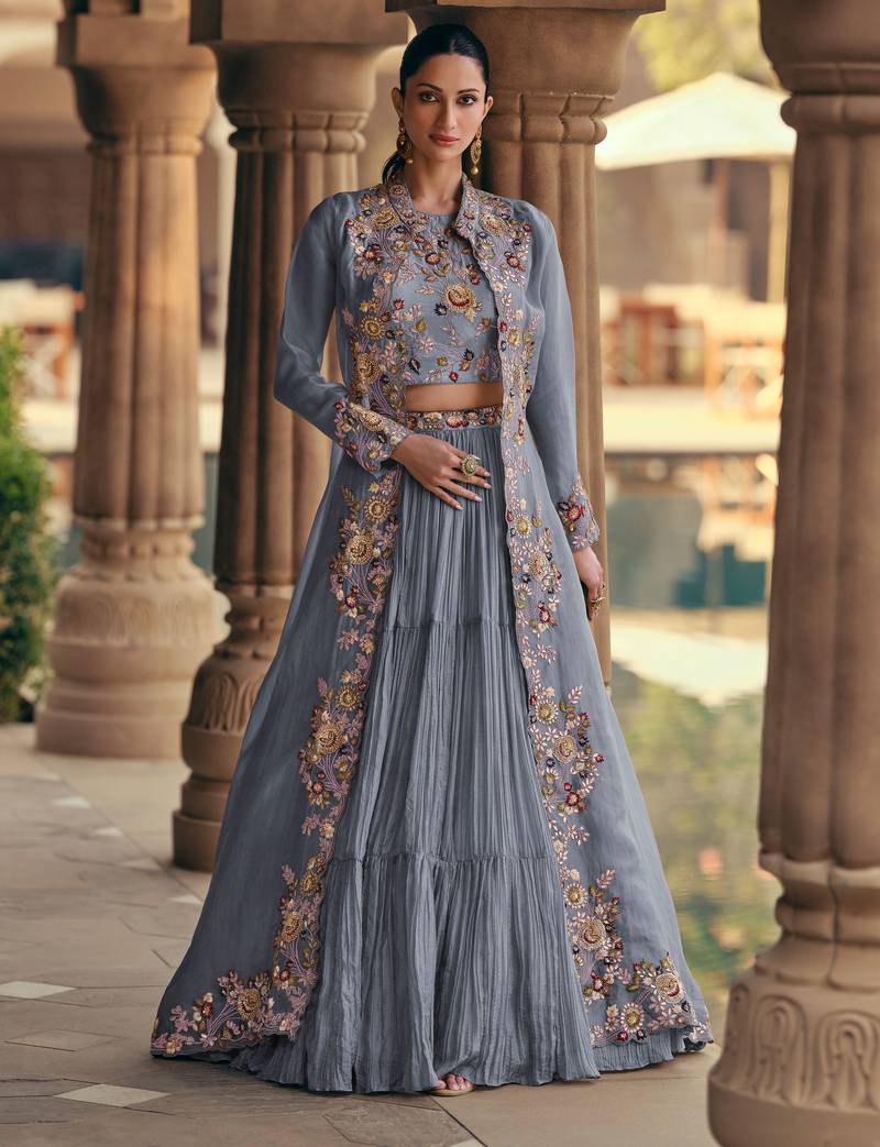 Blue Georgette Embroidered Lehenga Set