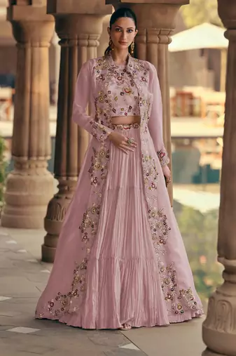 Pink Georgette Embroidered Lehenga Set