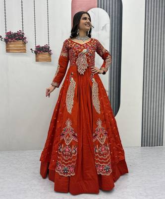 ORANGE  VICHITRA SILK PARTY WEAR EMBROIDERY CROP TOP  WITH BLOUSE LEHENGA CHOLI 1
