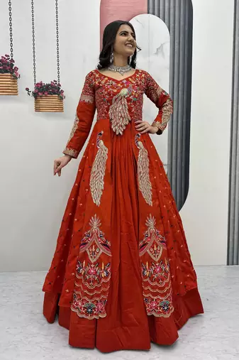 ORANGE  VICHITRA SILK PARTY WEAR EMBROIDERY CROP TOP  WITH BLOUSE LEHENGA CHOLI
