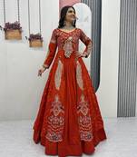 ORANGE  VICHITRA SILK PARTY WEAR EMBROIDERY CROP TOP  WITH BLOUSE LEHENGA CHOLI