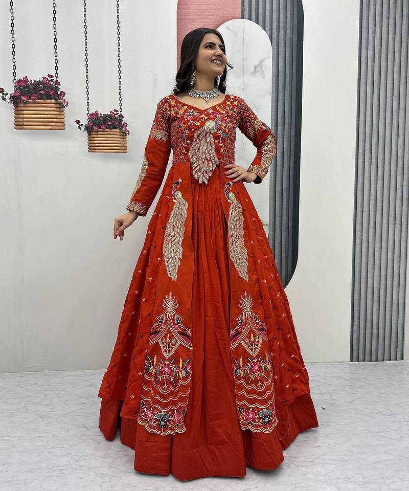 ORANGE  VICHITRA SILK PARTY WEAR EMBROIDERY CROP TOP  WITH BLOUSE LEHENGA CHOLI