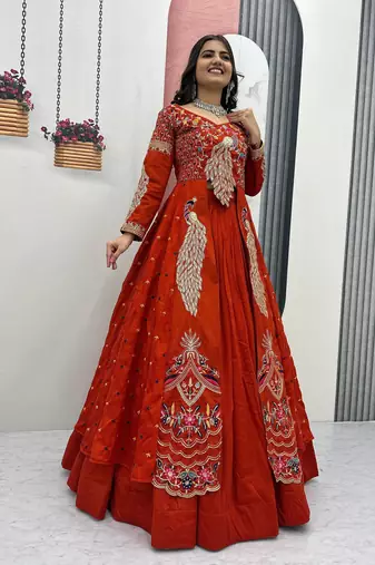 ORANGE  VICHITRA SILK PARTY WEAR EMBROIDERY CROP TOP  WITH BLOUSE LEHENGA CHOLI