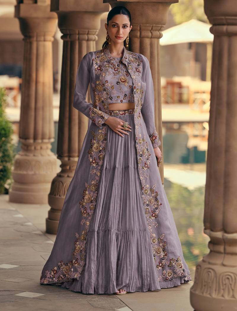 Lavender Georgette Embroidered Lehenga Set