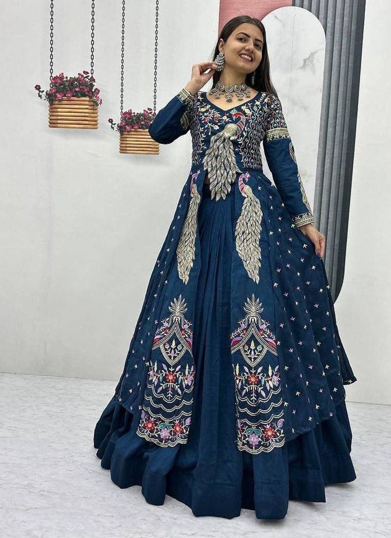 RAMA GREEN VICHITRA SILK PARTY WEAR EMBROIDERY CROP TOP  WITH BLOUSE LEHENGA CHOLI