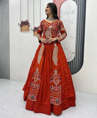 ORANGE  VICHITRA SILK PARTY WEAR EMBROIDERY CROP TOP  WITH BLOUSE LEHENGA CHOLI 3