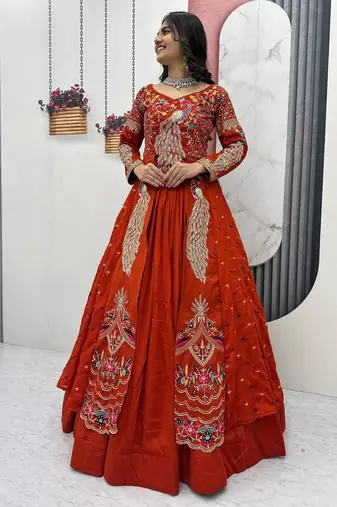 ORANGE  VICHITRA SILK PARTY WEAR EMBROIDERY CROP TOP  WITH BLOUSE LEHENGA CHOLI