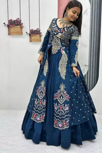 RAMA GREEN VICHITRA SILK PARTY WEAR EMBROIDERY CROP TOP  WITH BLOUSE LEHENGA CHOLI