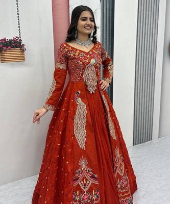 ORANGE  VICHITRA SILK PARTY WEAR EMBROIDERY CROP TOP  WITH BLOUSE LEHENGA CHOLI 4