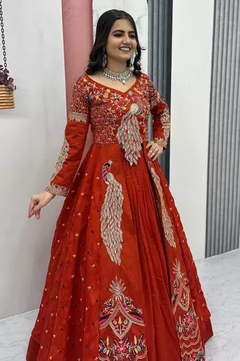 ORANGE  VICHITRA SILK PARTY WEAR EMBROIDERY CROP TOP  WITH BLOUSE LEHENGA CHOLI