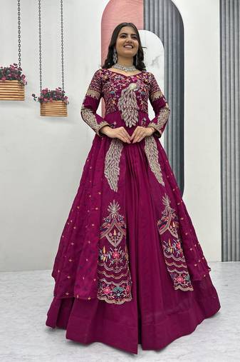 PINK  VICHITRA SILK PARTY WEAR EMBROIDERY CROP TOP  WITH BLOUSE LEHENGA CHOLI