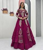PINK  VICHITRA SILK PARTY WEAR EMBROIDERY CROP TOP  WITH BLOUSE LEHENGA CHOLI