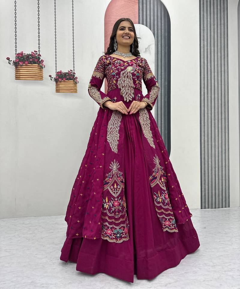PINK  VICHITRA SILK PARTY WEAR EMBROIDERY CROP TOP  WITH BLOUSE LEHENGA CHOLI