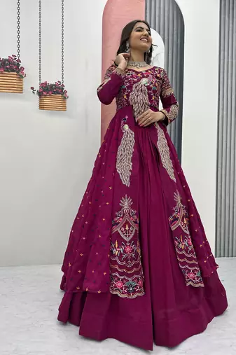 WINE  VICHITRA SILK PARTY WEAR EMBROIDERY CROP TOP  WITH BLOUSE LEHENGA CHOLI