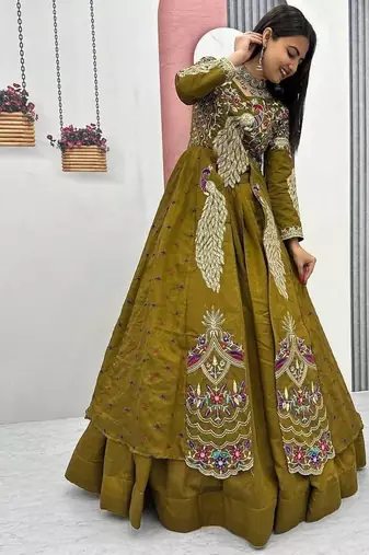 MAHENDI GREEN VICHITRA SILK PARTY WEAR EMBROIDERY CROP TOP  WITH BLOUSE LEHENGA CHOLI