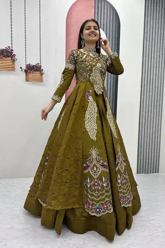 MAHENDI GREEN VICHITRA SILK PARTY WEAR EMBROIDERY CROP TOP  WITH BLOUSE LEHENGA CHOLI