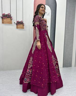WINE  VICHITRA SILK PARTY WEAR EMBROIDERY CROP TOP  WITH BLOUSE LEHENGA CHOLI 4