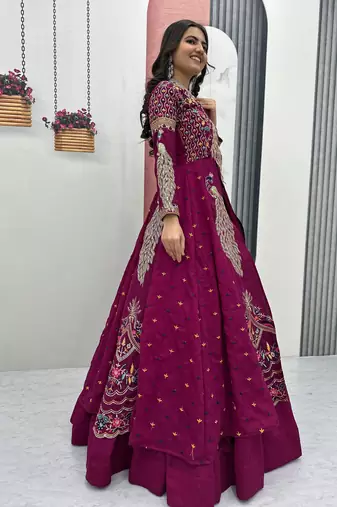WINE  VICHITRA SILK PARTY WEAR EMBROIDERY CROP TOP  WITH BLOUSE LEHENGA CHOLI