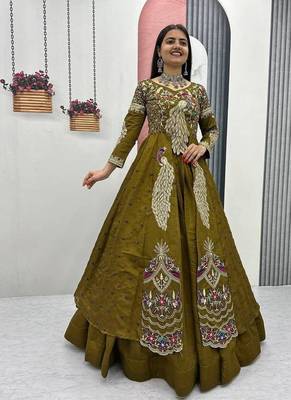 MAHENDI GREEN VICHITRA SILK PARTY WEAR EMBROIDERY CROP TOP  WITH BLOUSE LEHENGA CHOLI 4