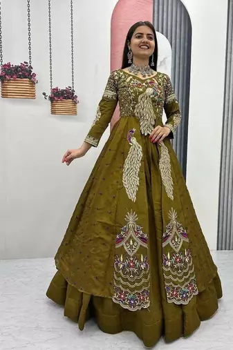 MAHENDI GREEN VICHITRA SILK PARTY WEAR EMBROIDERY CROP TOP  WITH BLOUSE LEHENGA CHOLI
