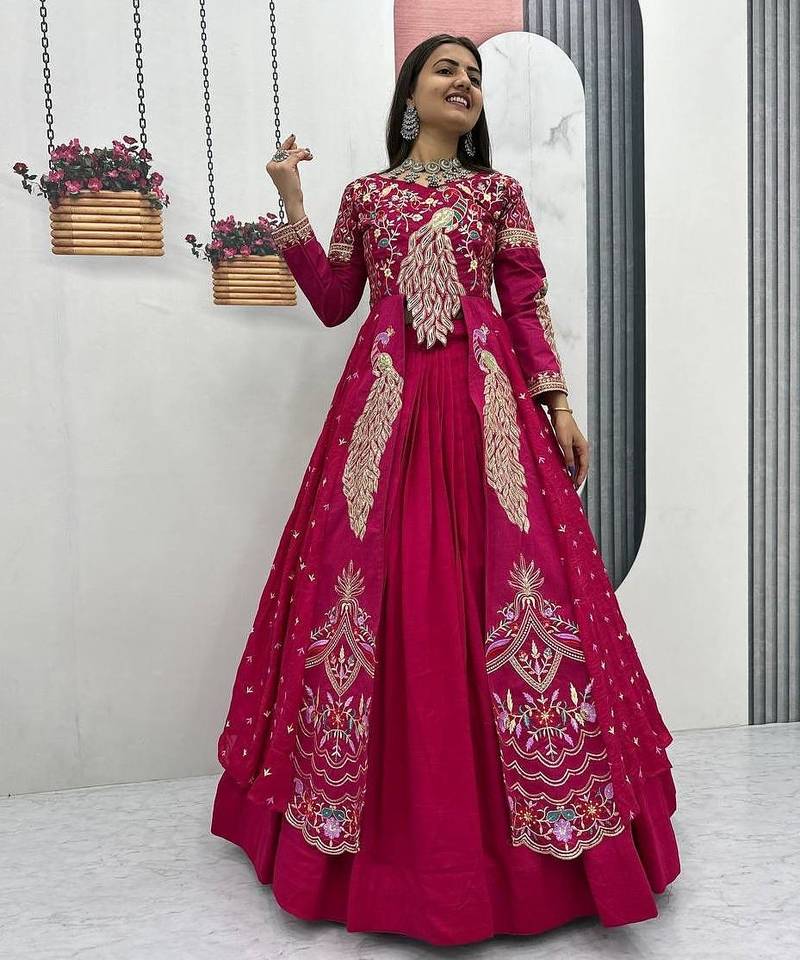 RED  VICHITRA SILK PARTY WEAR EMBROIDERY CROP TOP  WITH BLOUSE LEHENGA CHOLI