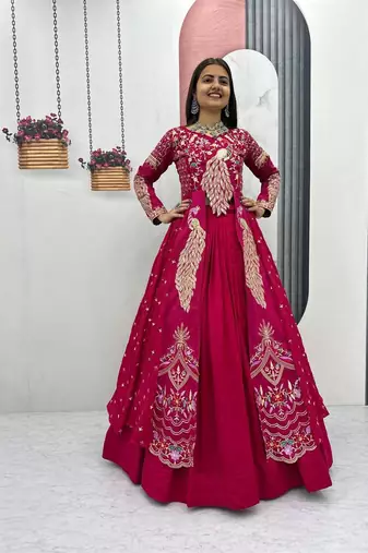 PINK  VICHITRA SILK PARTY WEAR EMBROIDERY CROP TOP  WITH BLOUSE LEHENGA CHOLI