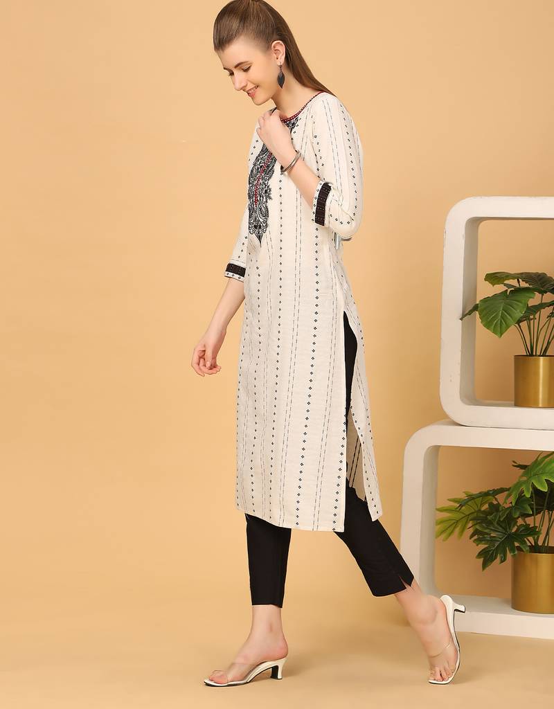  cream pure cotton three quarter sleeves long kurta