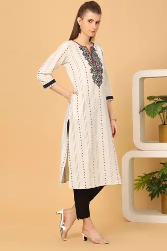  cream pure cotton three quarter sleeves long kurta