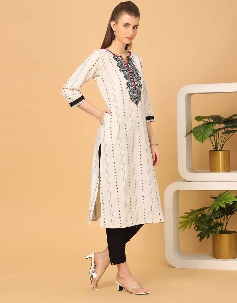  cream pure cotton three quarter sleeves long kurta
