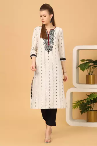  cream pure cotton three quarter sleeves long kurta