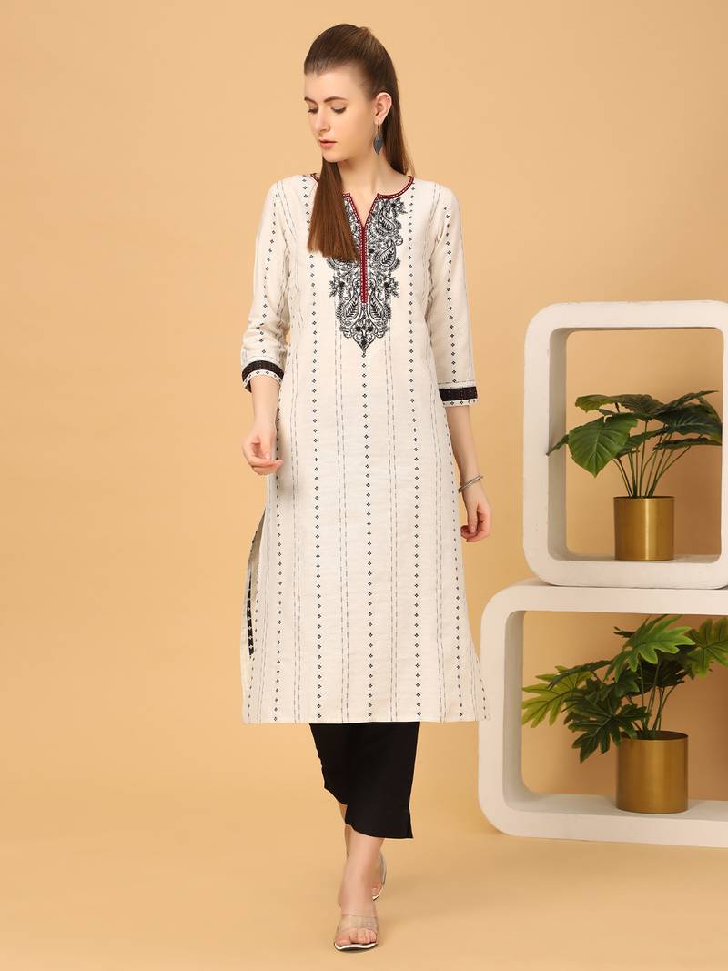  cream pure cotton three quarter sleeves long kurta
