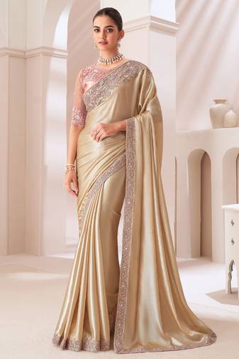 Fawn satin embroidered saree