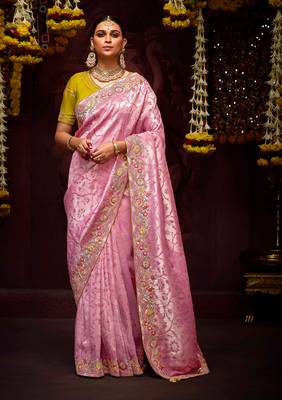 Pink banarasi silk embroidered saree 1