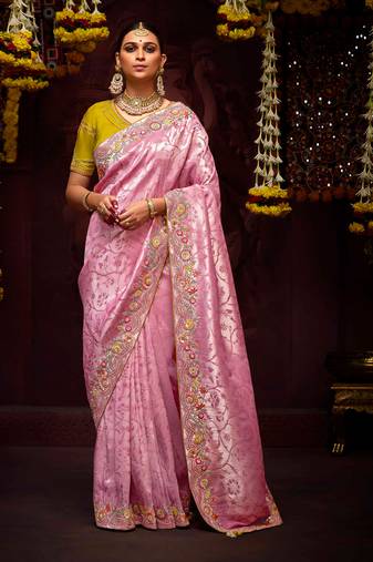 Pink banarasi silk embroidered saree