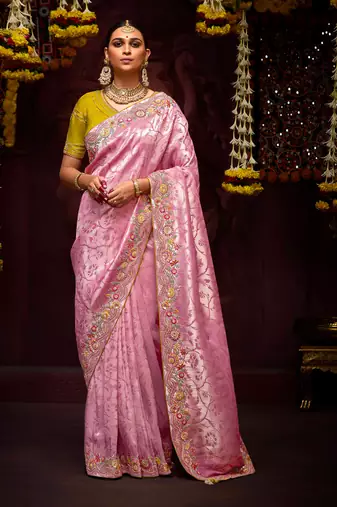 Pink banarasi silk embroidered saree