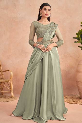 Green chiffon embroidered saree
