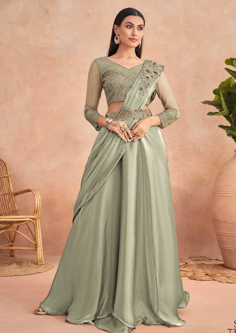 Green chiffon embroidered saree