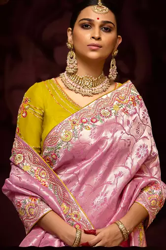Pink banarasi silk embroidered saree