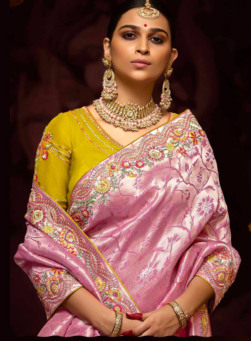 Pink banarasi silk embroidered saree