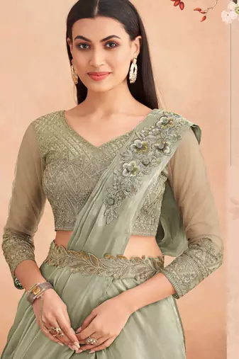 Green chiffon embroidered saree