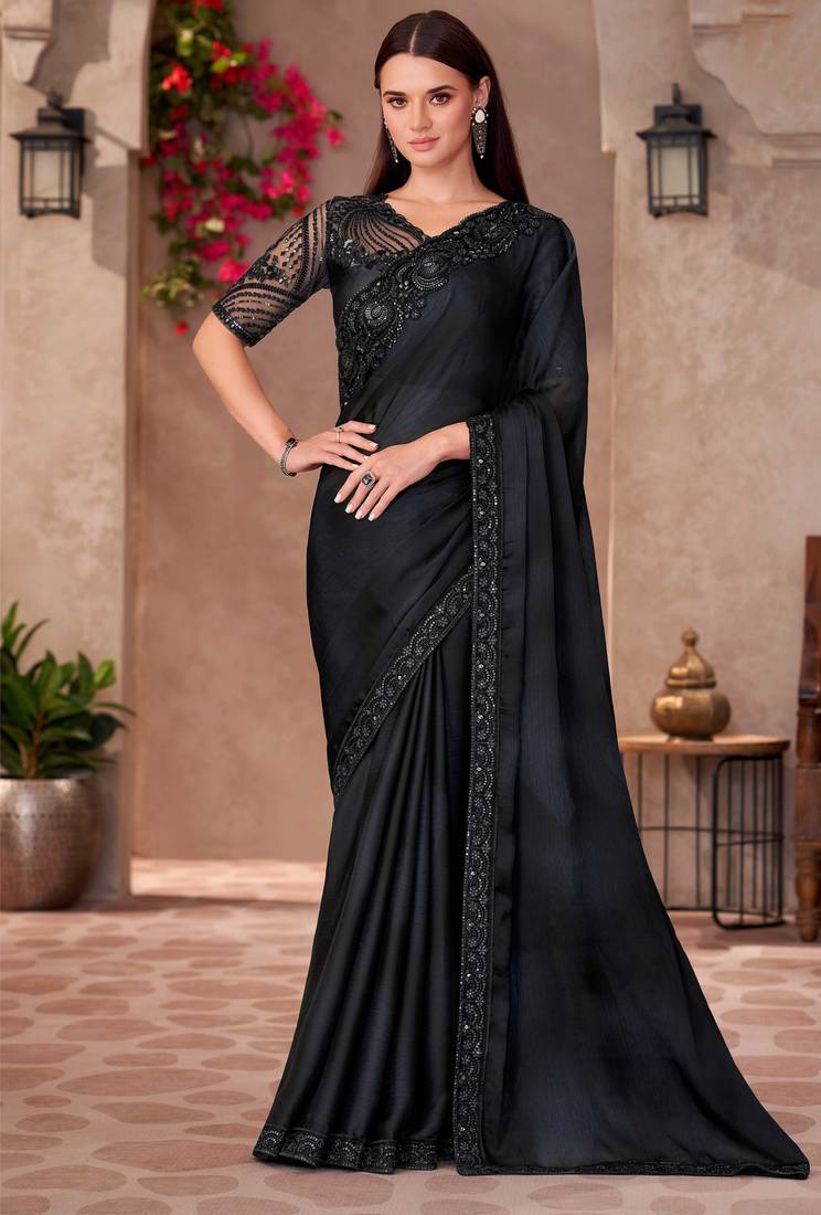 Black chiffon embroidered saree