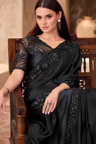 Black chiffon embroidered saree
