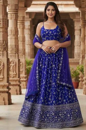 Enchanting Blue Zari, Sequence Embroidered Georgette Indian wedding Designer lehenga choli
