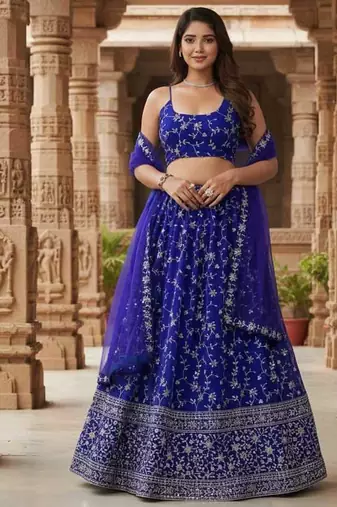 Enchanting Blue Zari, Sequence Embroidered Georgette Indian wedding Designer lehenga choli