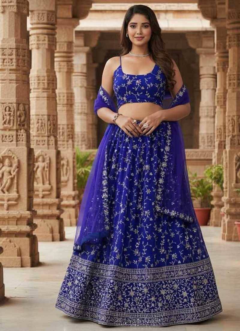 Enchanting Blue Zari, Sequence Embroidered Georgette Indian wedding Designer lehenga choli