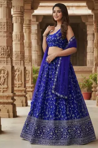 Enchanting Blue Zari, Sequence Embroidered Georgette Indian wedding Designer lehenga choli