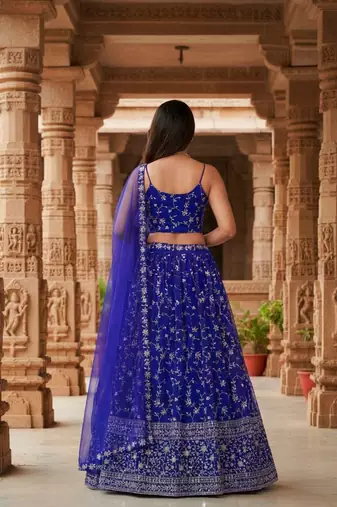 Enchanting Blue Zari, Sequence Embroidered Georgette Indian wedding Designer lehenga choli